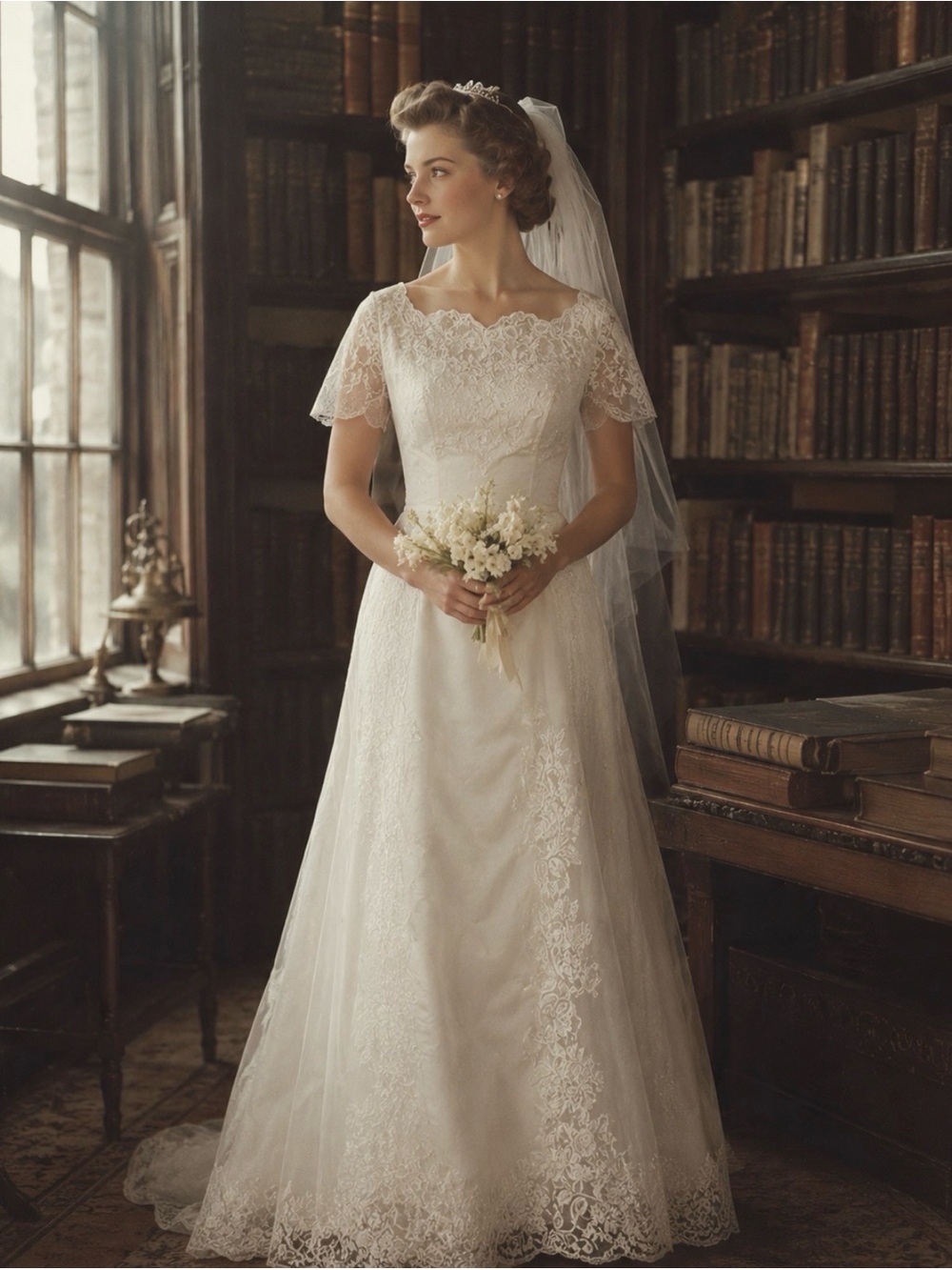 ILGWU True Vintage  Lace A-Line Wedding Dress in Ivory